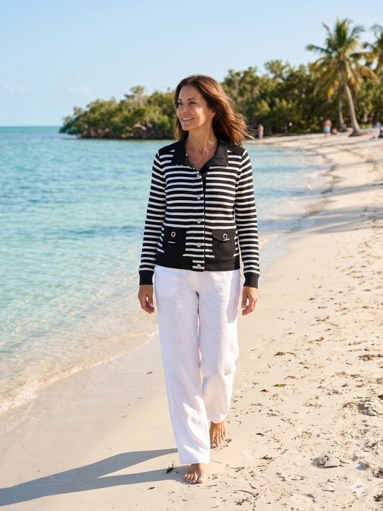 Lauren Ralph Lauren Sweaters - Lauren Ralph Lauren Black & White Stripe Knit Nautical Button Down Sweater Sz L‎